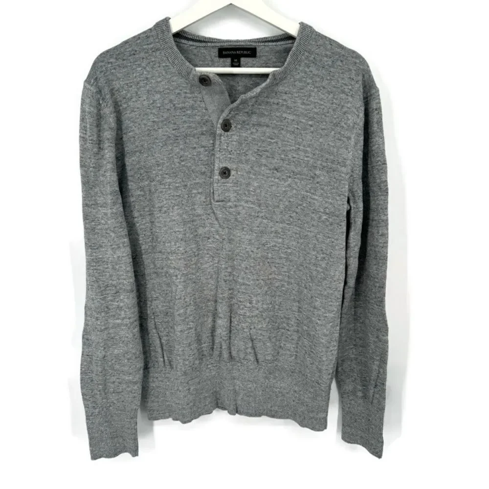 Banana Republic‎ Men’s Gray Cotton Henley Long Sleeve Pullover Size Medium
